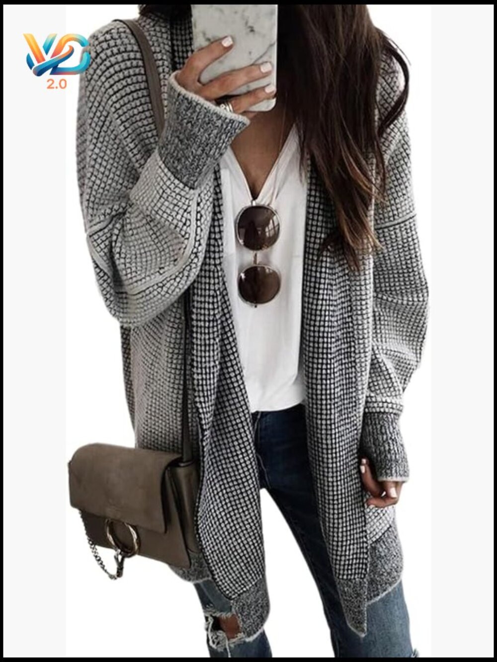 Oversized Chunky Knit Checkered Cardigan Open Front Long Sleeve Coat
